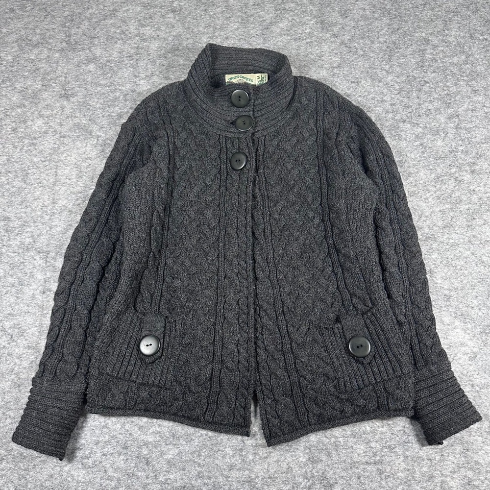 Aran Crafts Cardigan Sweater Charcoal Grey‎ Merino Wool Womens Medium